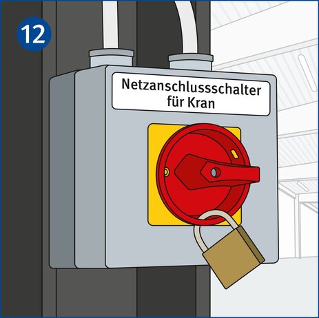 Die Illustration zeigt einen rot-gelben Netzanschlussschalter für Krane. Dieser ist mit einem Vorhängeschloss gegen unbefugtes Benutzen gesichert. Link zur vergrößerten Darstellung des Bildes.